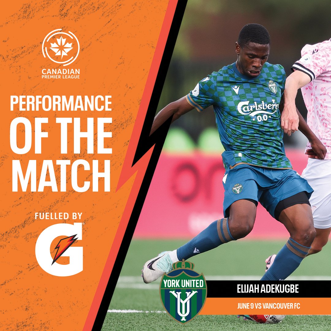 Elijah Adekugbe of <a href="/yorkutdfc/">York United FC</a> takes home the <a href="/Gatorade/">Gatorade</a> Performance of the Match 👑

#CanPL