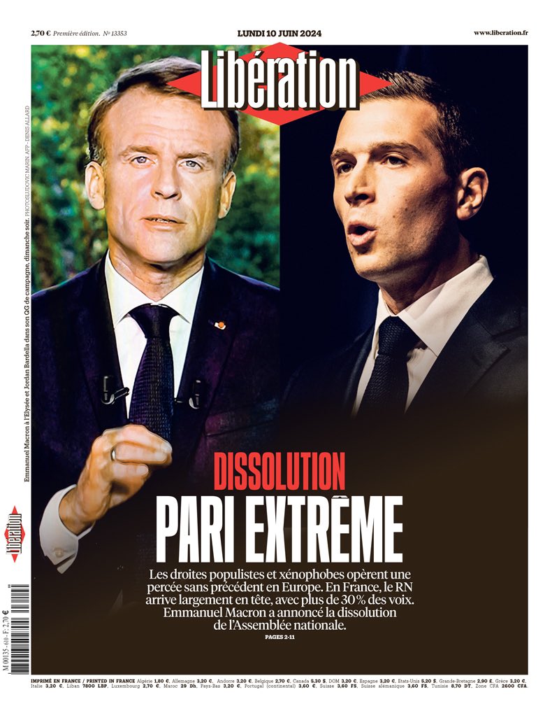 “Dissoluzione. Scommessa estrema”

Il titolo netto di <a href="/libe/">Libération</a> 

#ElectionsEuropéennes 
#elezionieuropee #macron