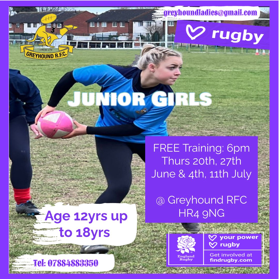 Calling all Junior Girls who want to give Rugby a Try..
Come join us for our 4 Love Rugby Free taster sessions.
Starting: 6pm Thursday 20th June running for 4 weeks.
No experience needed.
Ages 12yrs up to 18yrs. 
We look forward to seeing you.
#loverugby #freescrunchie