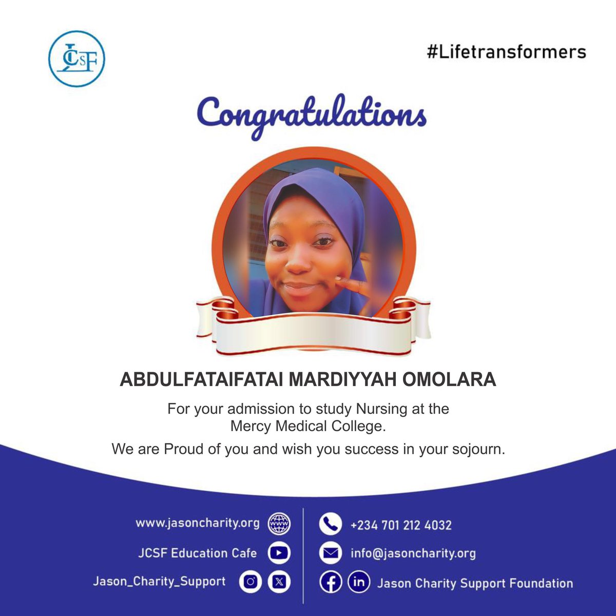 JCSF_charity's tweet photo. We congratulate Ayomide on her admission to Mercy Medical College.

Here is her testimony on how JCSF impacted her.

“Hello everyone ❤️🤗,my name is Abdulfattah mardiyyah Ayomidey, I was once a student of JSCF group  cafe in year 2023 it has been a great group to date and it https://t.co/2qJQwKYVOX