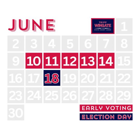 tripp_wingate's tweet photo. Early Voting starts tomorrow! Vote early Monday, June 10 through Friday, June 14, from 9am-5pm. 
Early Voting locations:
1- North Hall Community Center 
2- Gainesville Civic Center 
3- Spout Springs Library

Tell your friends or take them with you. Vote for Tripp!
#teamtripp https://t.co/DMS3W8xb5q