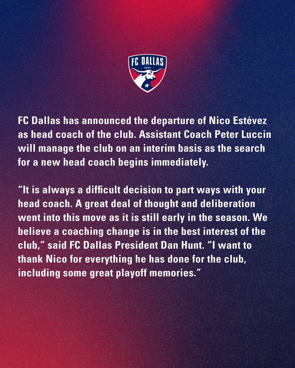 FCDallas's tweet photo. FC Dallas has announced the departure of Nico Estévez as head coach of the club.

📰 https://t.co/8XVblioKOL https://t.co/VidMEm0G9U