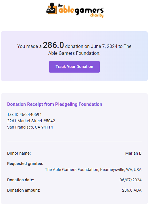 AdaLoopPool's tweet photo. May donation to @AbleGamers completed #SoEveryoneCanGame
Thank you ♥️ delegators for being part of our pool and support this mission!
#ADA #CARDANO #CardanoCommunity https://t.co/6YKT8sGTdK