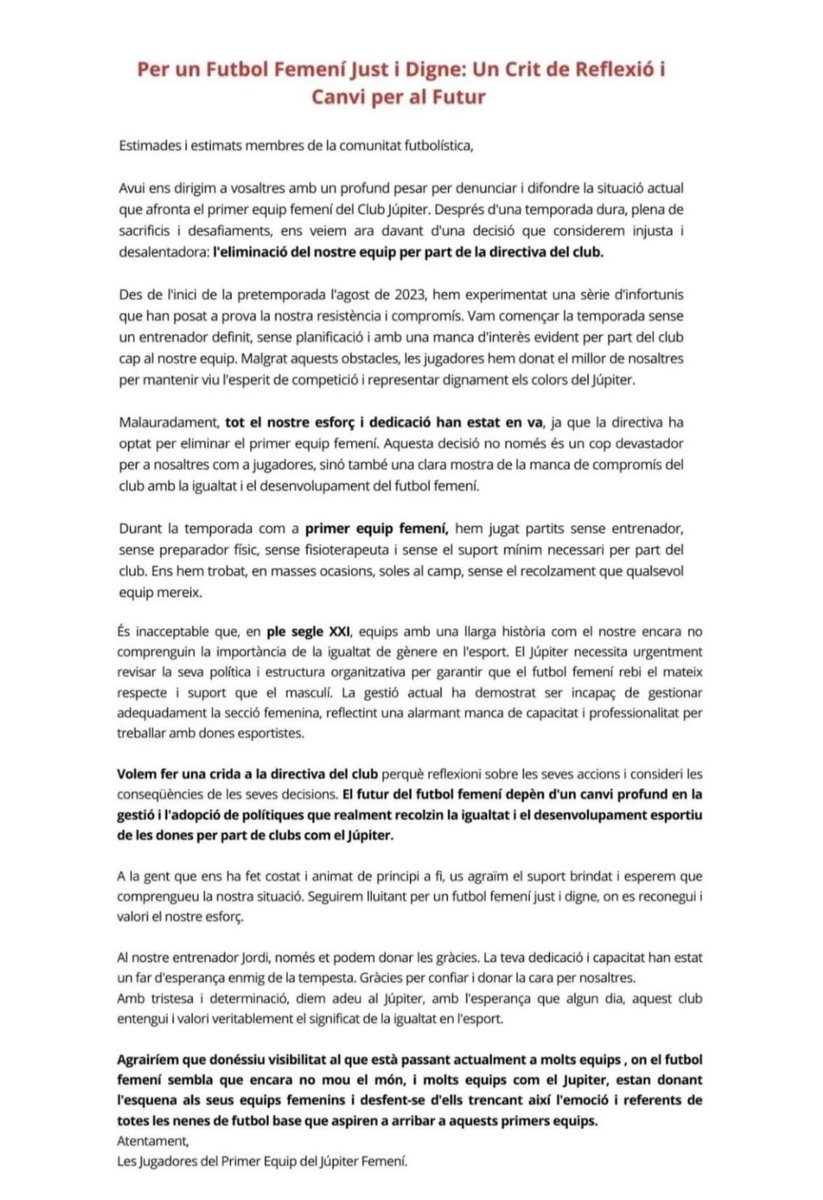 Us volem compartir un comunicat de l’equip Femeni que ha estat eliminat per la Direcció esportiva i la directiva