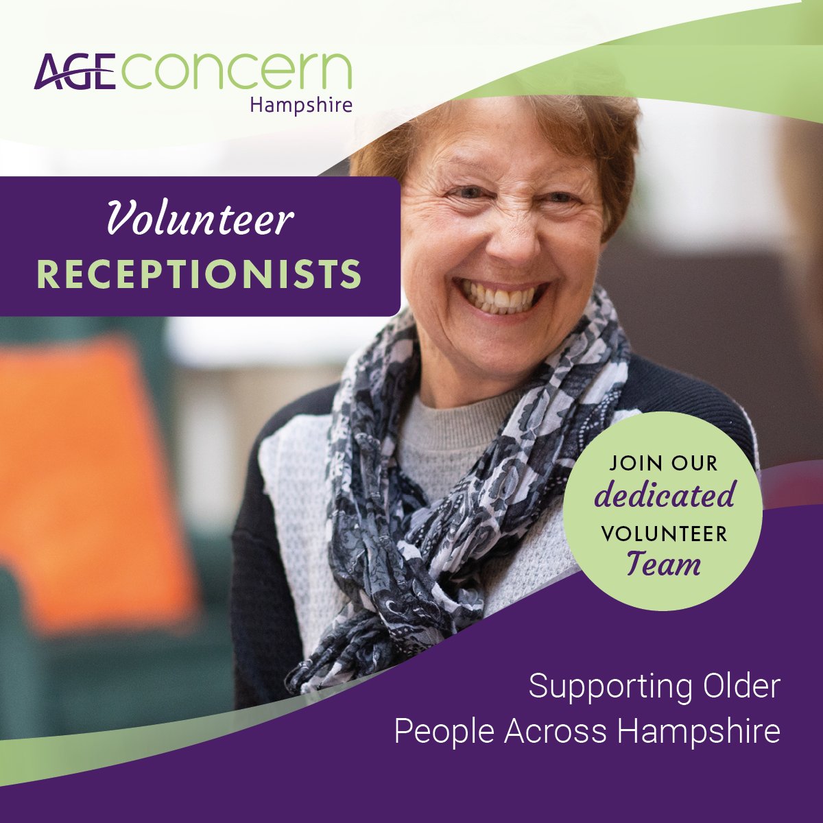 We're looking for a friendly and helpful volunteer to 'meet &amp; greet' our Foot Care Clients at our Foot Clinic in Locks Heath.

Apply online through our website:ageconcernhampshire.org.uk/job/volunteer-…

#VolunteerReceptionist
#SupportingOlderPeople
#FootClinics