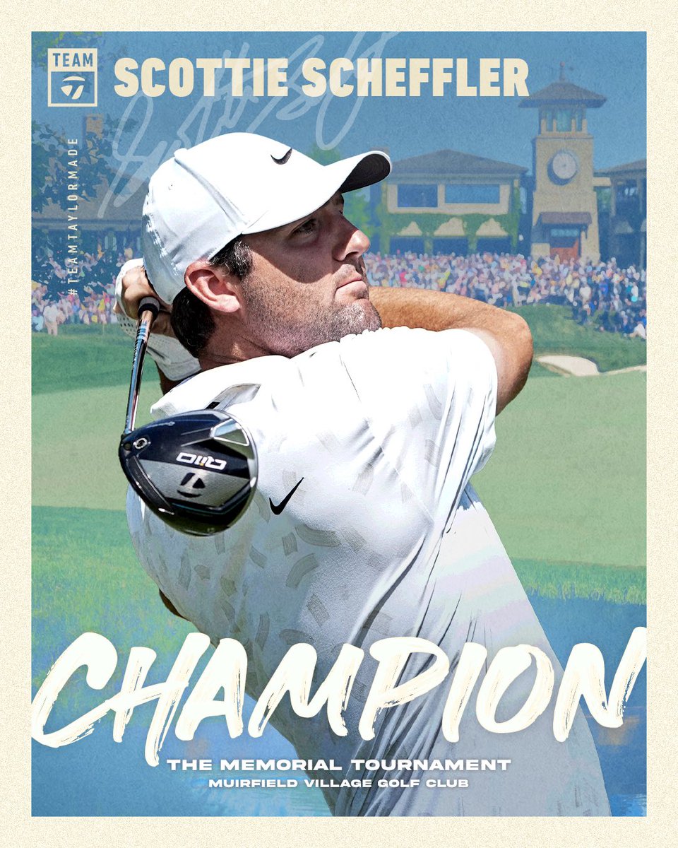 TaylorMadeGolf's tweet photo. A historic run at a historic pace. 

Scottie Scheffler wins the Memorial Tournament becoming the fastest player to five wins in a season in 44 years! 

World No. 1’s victory at Muirfield Village marks the 11th of his young career. #BeyondDriven #TeamTaylorMade https://t.co/EhD7XpOKrt