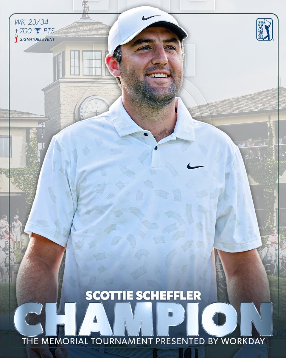🏆 Scottie Scheffler wins his 11th PGA Tour event at the Memorial Tournament!

It’s his fifth of the season and fifth signature/elevated event victory since its debut. Also his first win after the month of April.

Despite a shaky final round, he hung on to claim victory at Jack’s