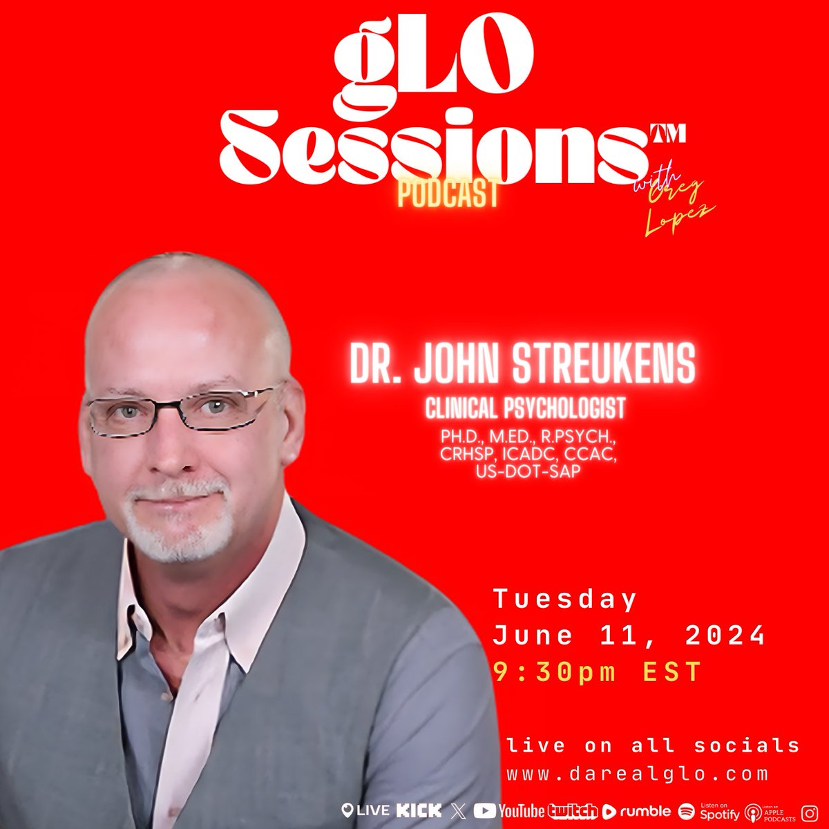 DaRealGregLopez's tweet image. I hope to see you in our 

Upcoming PODCAST 
gLO SESSIONS™

DR. JOHN STREUKENS
Clinical Psychologist

LIVE here on 𝕏 and all other livestream outlets
[turn on live video notifications]
Tuesday June 11, 2024 9:30pm EST

We will dive into the world of psychology and the different…