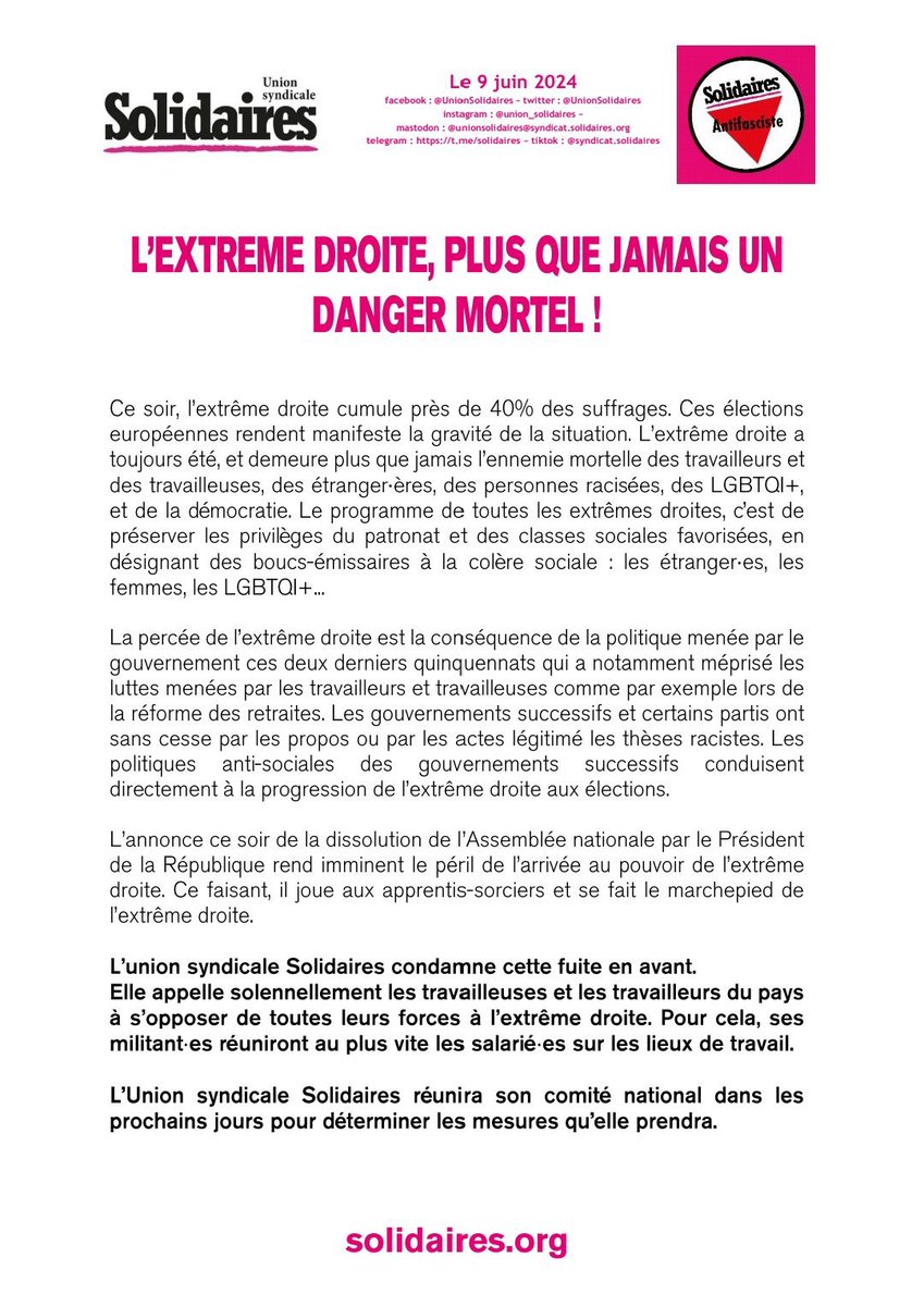 🔻 Sud PTT et  <a href="/UnionSolidaires/">Union syndicale Solidaires</a> appellent l’ensemble des travailleuses et travailleurs à combattre l’extrême droite sous toutes ses formes !