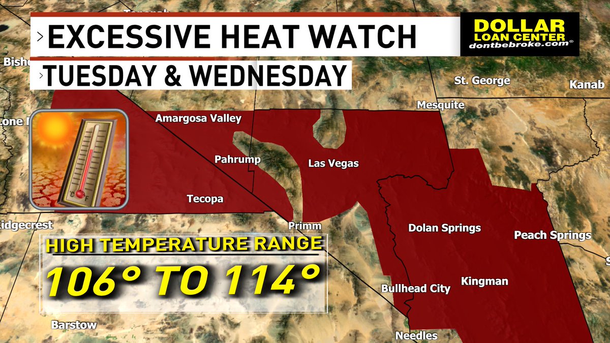 BillBellis's tweet photo. Round 2 of excessive heat arrives Tuesday and Wednesday. Close to another record high Tuesday, but unlikely at this point on Wednesday. Stay tuned! @News3LV @NWSVegas #WeatherAuthority #Vegas #Vegasweather #nvwx #excessiveheatwatch #recordhighs https://t.co/po6FwmLDzp
