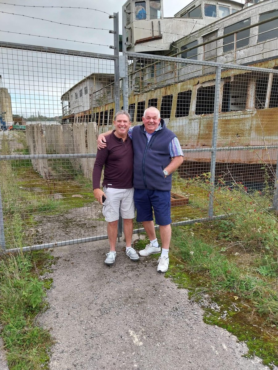 theferrysociety's tweet photo. Last year, our friends and former ferry captains Robbie and Billy stopped by Sharpness docks to see the former ferry Egremont. Egremont was in service from 1952 until leaving the Mersey in the 1970s to become a floating club house at Salcombe for over 30 years. https://t.co/TtfsJ4I06L