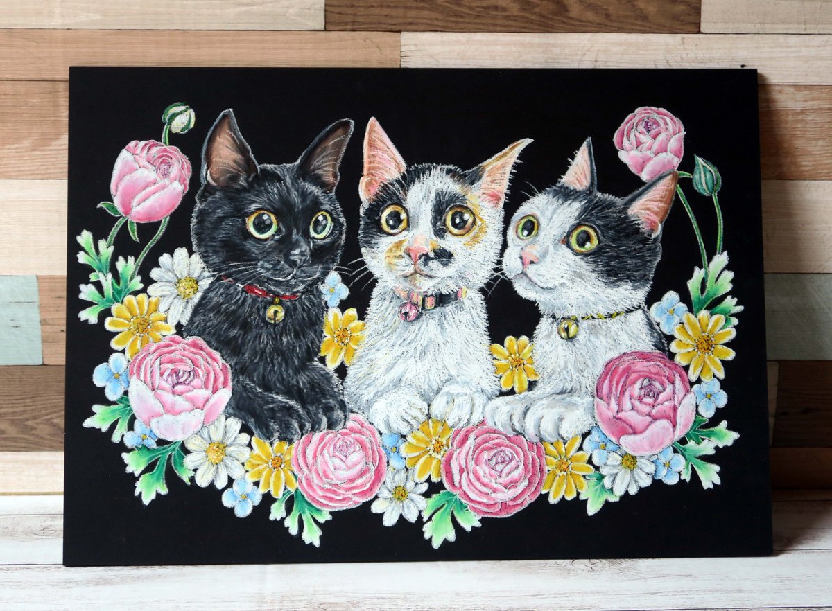 原画・フレーム付き】「ねこ地蔵と黒猫ちゃん」 パステルアート
