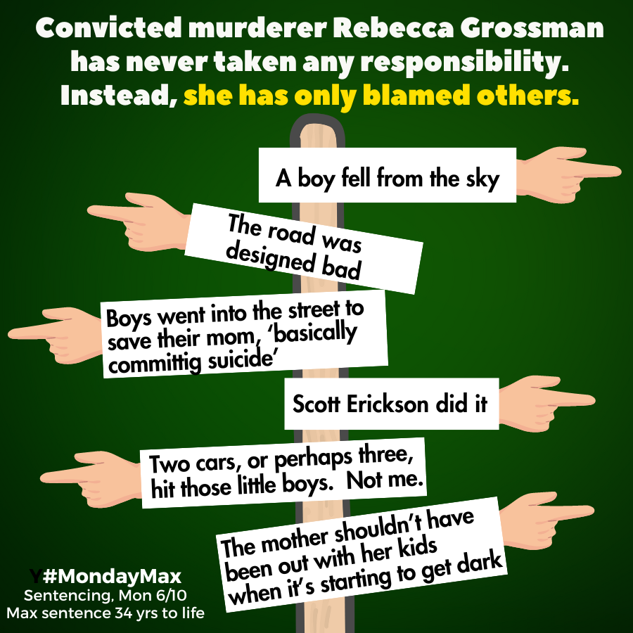 Jimmy98088272's tweet photo. @JeffVaughn #RebeccaGrossman & her high-priced attorneys deflect the blame for her hitting and killing of Mark and Jacob. Shameful cold-hearted killer.
#MondayMax - 6/10, sentencing date. Max sentence is 34 yrs to life. #wetlakevillage #agourahills #thousandoaks #grossmanburnfoundation https://t.co/foMecxuwB9