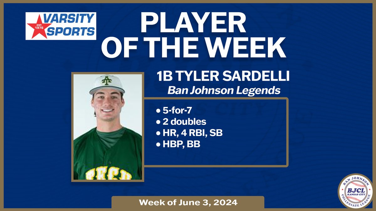 Congratulations to Varsity Sports Player of the Week, Ban Johnson Legends' 1B <a href="/SardelliTyler/">Tyler Sardelli</a> (<a href="/ATUBaseball/">Arkansas Tech Baseball</a>)!  #BJCL