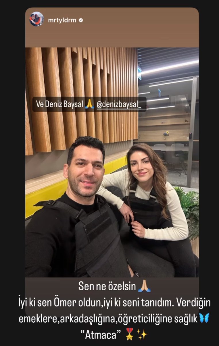 Instagram: Deniz

Qué especial eres! 🙏🏻

Me alegro de que te hayas convertido en Ömer, me alegro de haberte conocido. Gracias por su esfuerzo, amistad y enseñanza.
🦋  "Atmaca"  🎖️✨ 

#Teşkilat -->> #DenizBaysal -->> #MuratYıldırım
#ZehraBalaban --->>> #ÖmerAtmaka