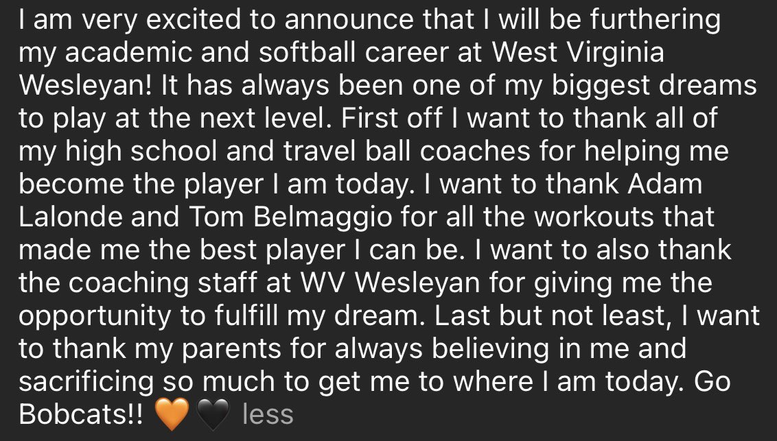 Can’t wait to be a Bobcat!!🧡

<a href="/WVWCSoftball/">WVWC Softball</a> <a href="/ohiohawkskuhn/">Ohio Hawks Kuhn 18u</a> <a href="/RacelandSB/">Raceland Softball</a> <a href="/LalondeSoftball/">Adam LaLonde</a> <a href="/coachtommyb_atc/">Tom Belmaggio</a>