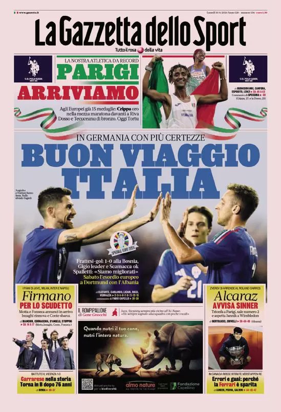 footballitalia's tweet photo. Monday's Italian #Calcio headlines in English https://t.co/BzcZTO1Ott #Azzurri #ITABIH #ItalyBosnia #EURO2024 #Juventus #FCIM #ACMilan #Napoli #SerieA #SerieATIM #Frattesi #Rabiot https://t.co/9F8gO8DVYM
