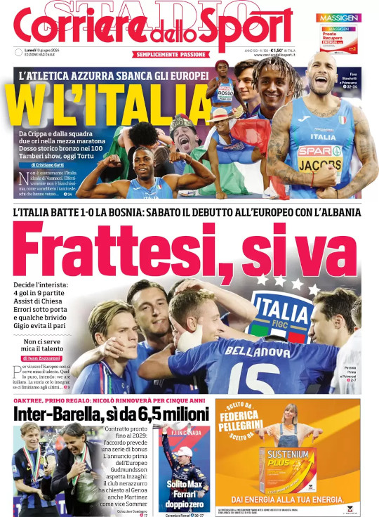footballitalia's tweet photo. Monday's Italian #Calcio headlines in English https://t.co/BzcZTO1Ott #Azzurri #ITABIH #ItalyBosnia #EURO2024 #Juventus #FCIM #ACMilan #Napoli #SerieA #SerieATIM #Frattesi #Rabiot https://t.co/9F8gO8DVYM