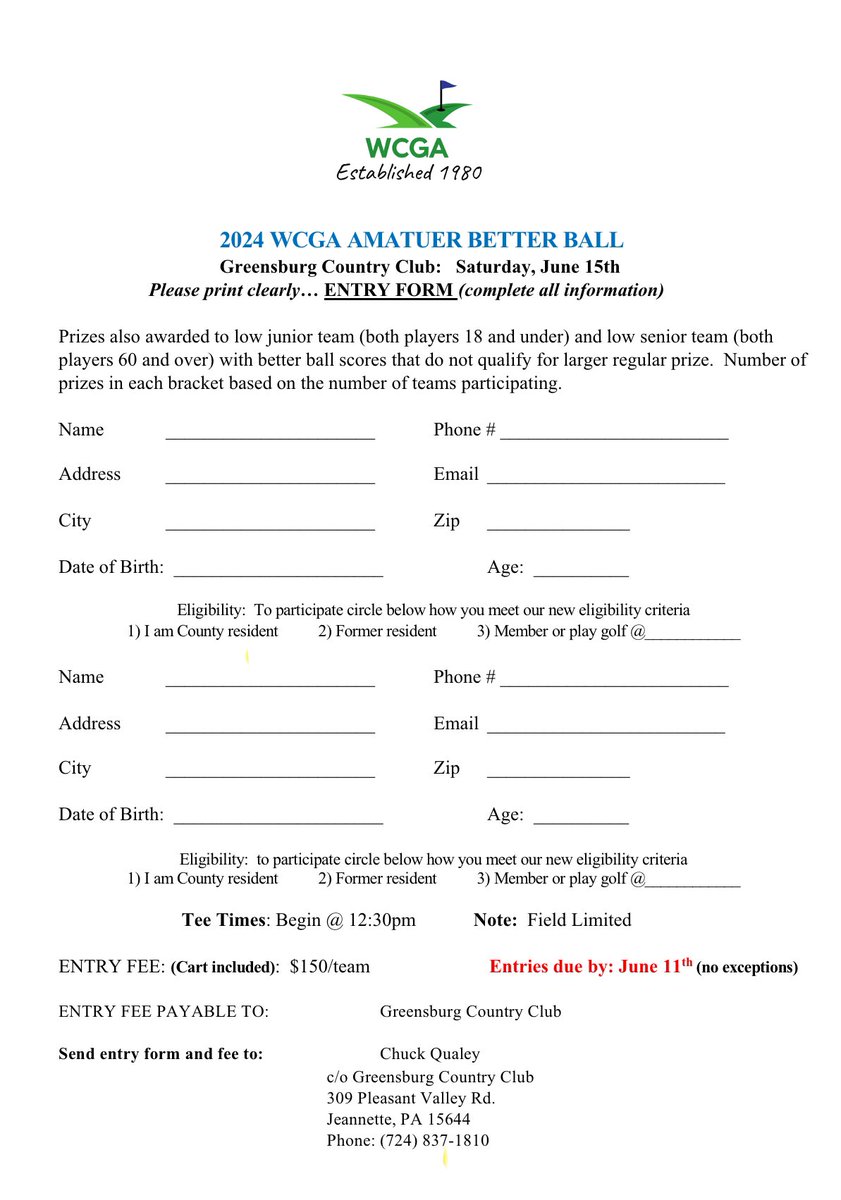 WCGA (@wcga1980) on Twitter photo Sign up today. <a href="/westcountygolf/">Westmoreland County Golf Association</a> Best Ball tournament is this Saturday. There are a few spots open. Sign up today. <a href="/westcountygolf/">Westmoreland County Golf Association</a> Best Ball tournament is this Saturday. There are a few spots open.