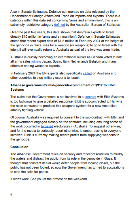 Statement on the two-way arms trade with the State of Israel

As the Albanese Government last week tried to make the genocide in Gaza about themselves, there were staggering revelations in Senate Estimates about the scale of the two-way arms trade with Israel. 

Full statement👇