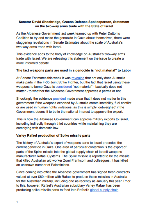 DavidShoebridge's tweet photo. Statement on the two-way arms trade with the State of Israel

As the Albanese Government last week tried to make the genocide in Gaza about themselves, there were staggering revelations in Senate Estimates about the scale of the two-way arms trade with Israel. 

Full statement👇 https://t.co/7uVHDwWUUH
