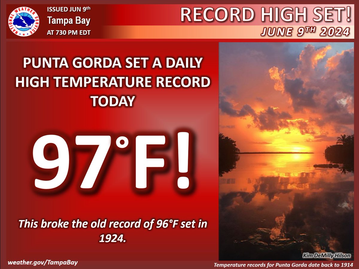 NWSTampaBay's tweet photo. Two more heat records were recorded today in #PuntaGorda and here at the weather office in #ruskinfl #flwx https://t.co/HtZoJKMHtO