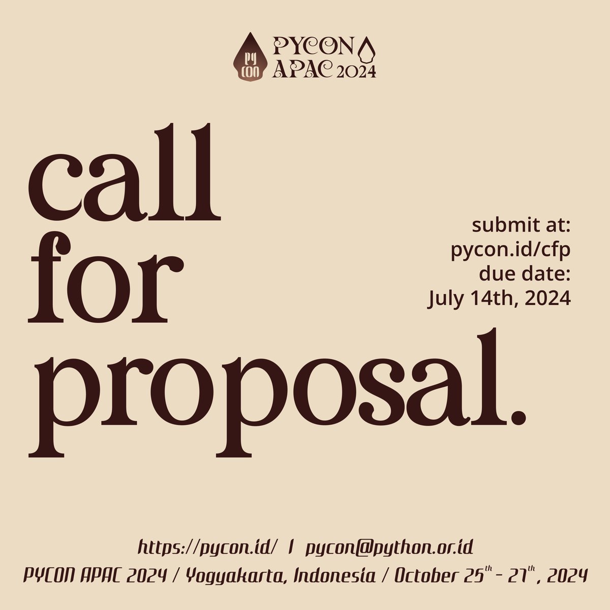 id_python's tweet photo. Calling all Python innovators! 

Submit your groundbreaking research and fun projects as talks, workshops, or poster for PyCon APAC 2024! Share your passion and expertise with the Python community. Don't miss this opportunity to shine! 

Check https://t.co/XCeRh8w88u for details!

#PyConAPAC2024 #CallForPapers