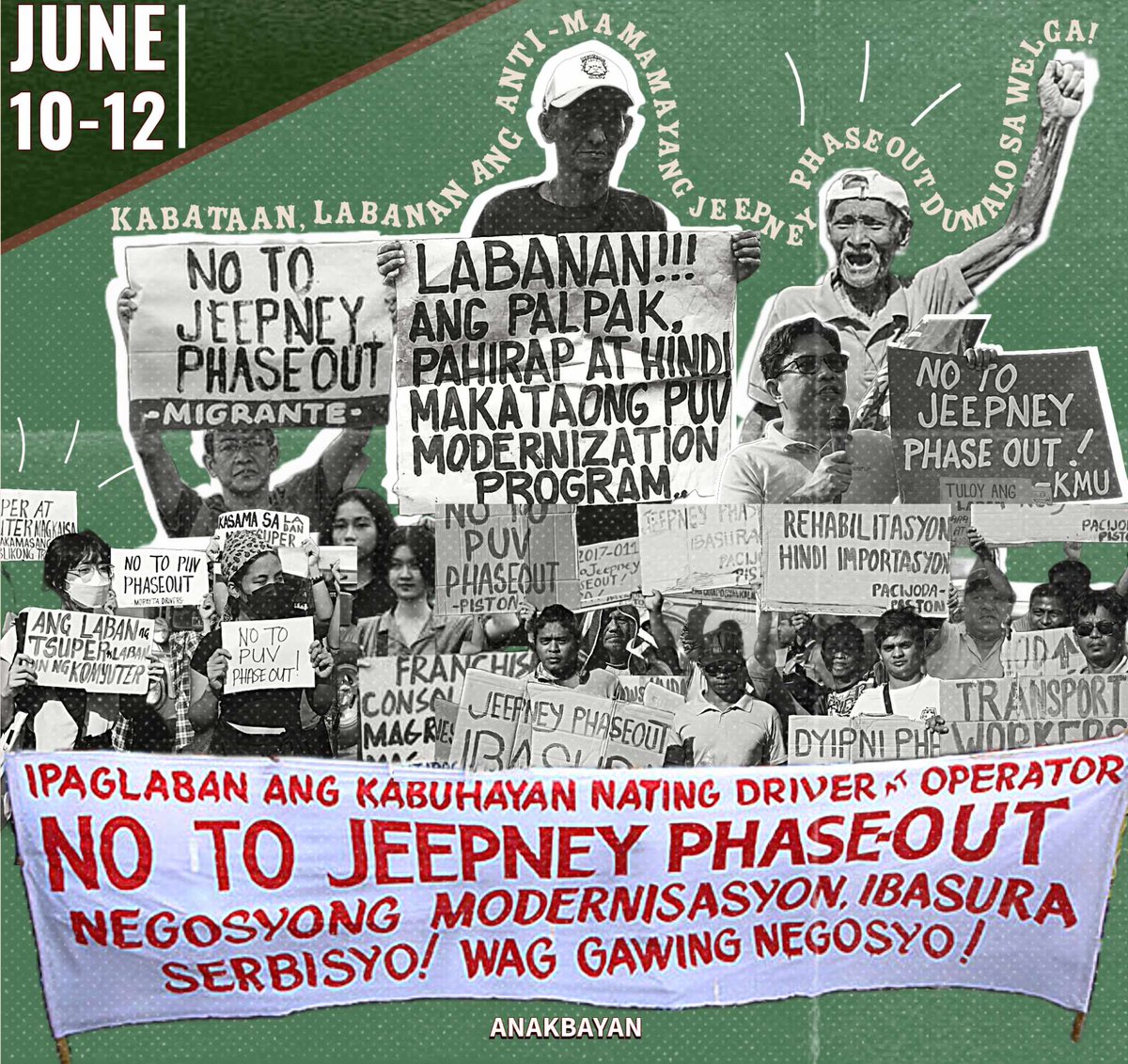 KABATAAN, LABANAN ANG ANTI-MAMAMAYANG JEEPNEY PHASEOUT, MAGKAISA AT SUPORTAHAN ANG WELGA NGAYONG HUNYO 10-12

Halos isang buwan na ang lumipas pagkatapos magwakas ang deadline para sa Consolidation noong April 30. 🧵

#NoToJeepneyPhaseout 
#NoToPUVPhaseout