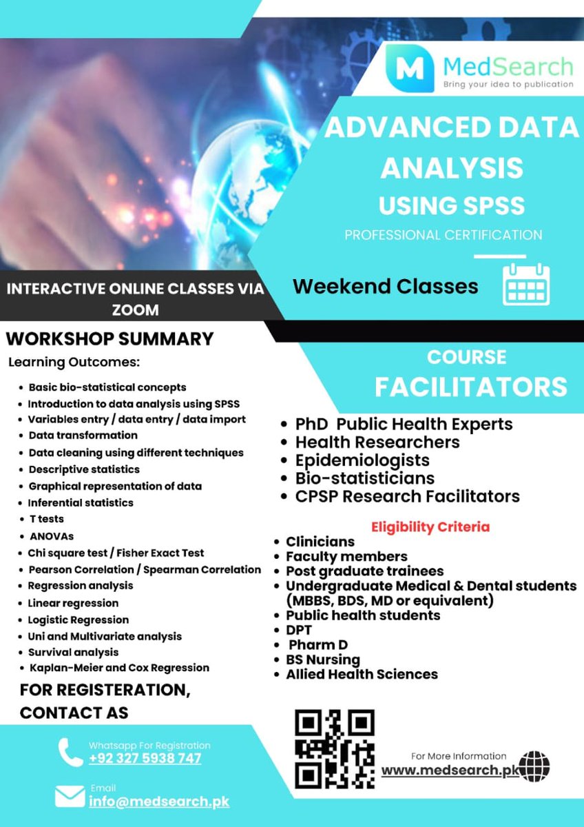 MedSearchPak's tweet photo. Take your #dataanalysis #skills to the next level. Don't miss out on our exclusive #Advanced Data #Analysis Using #SPSS Workshop! This comprehensive #workshop offers hands-on #training with SPSS.
Registration:
https://t.co/BMQIjVYLmI
Join WhatsApp group:
https://t.co/UOPRXyMm23 https://t.co/wl69r7QUWP