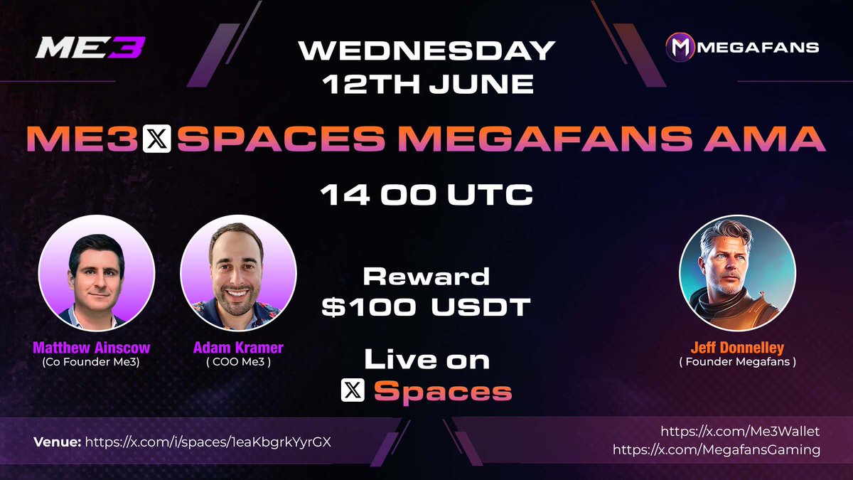 Me3Labs's tweet image. @Me3Wallet has a joint AMA later this coming Wednesday with @MegafansGaming. 📢 

Join us on June 12th at 10 AM UTC on Twitter Spaces: 🎙️

x.com/i/spaces/1eaKb…