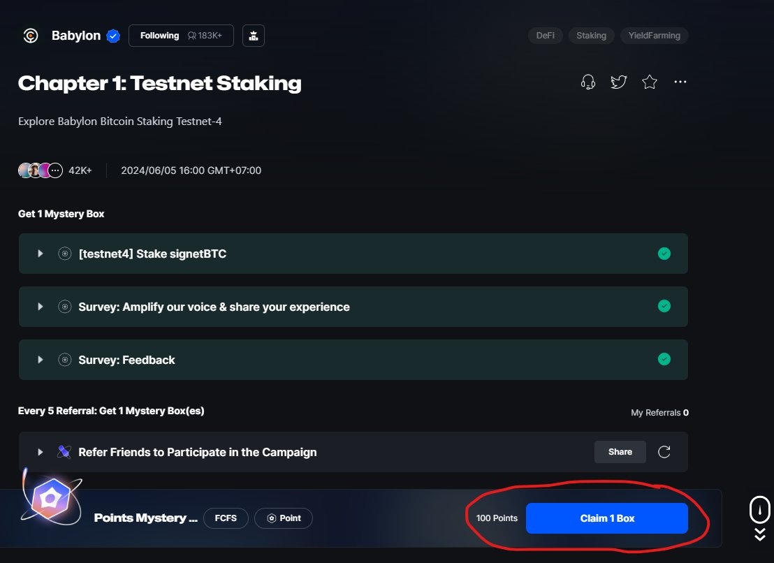 [Babylon update] Anh em Staking thành công

✅ Thì vào Claim Box nhé!

👉🏻 Link claim  Galxe Chapter 1:  app.galxe.com/quest/Babylon/…

🍀Bài hướng dẫn cũ: t.me/Airdrop_TrongH…