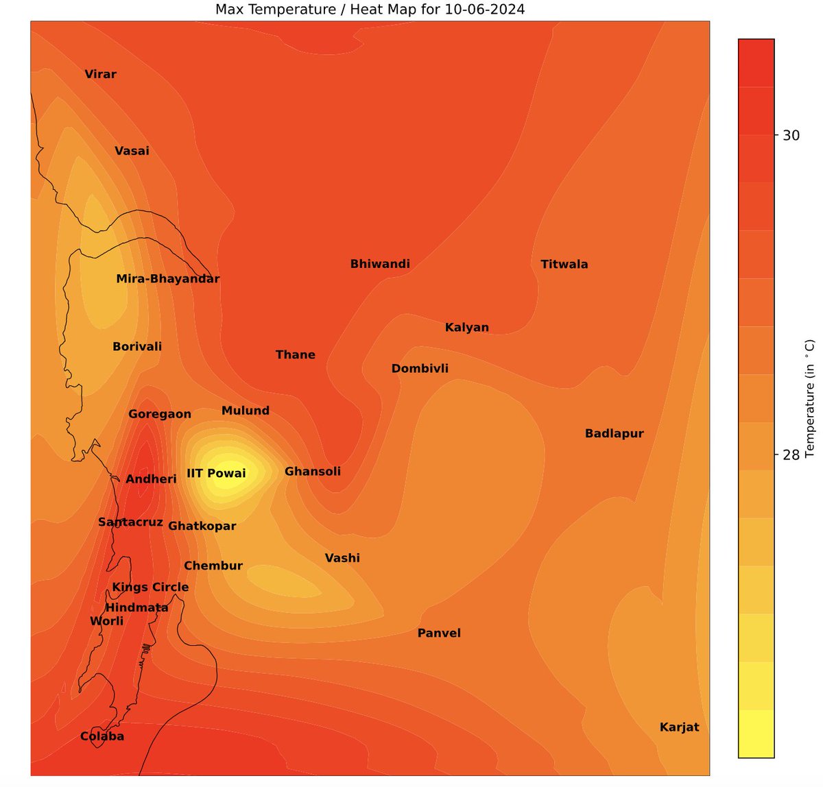 WeatherCastIN's tweet photo. Our #heatmap shows max of 30 deg C across many locations in #Mumbai, which is a good sign of #monsoon arrival. 😀
https://t.co/oCTMcuT6hk
From tomorrow (June 11), we will replace #heatmap with #floodmap, which will provide information on hotspots during heavy rain episodes. https://t.co/jrVL13DLkK