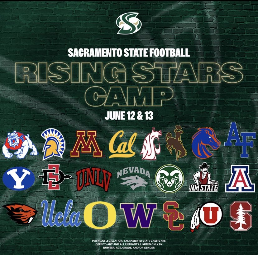 Excited to attend the <a href="/SacStateFB/">Sac State Football</a> Rising Stars camp on 6/12 and 6/13 @ 1:15