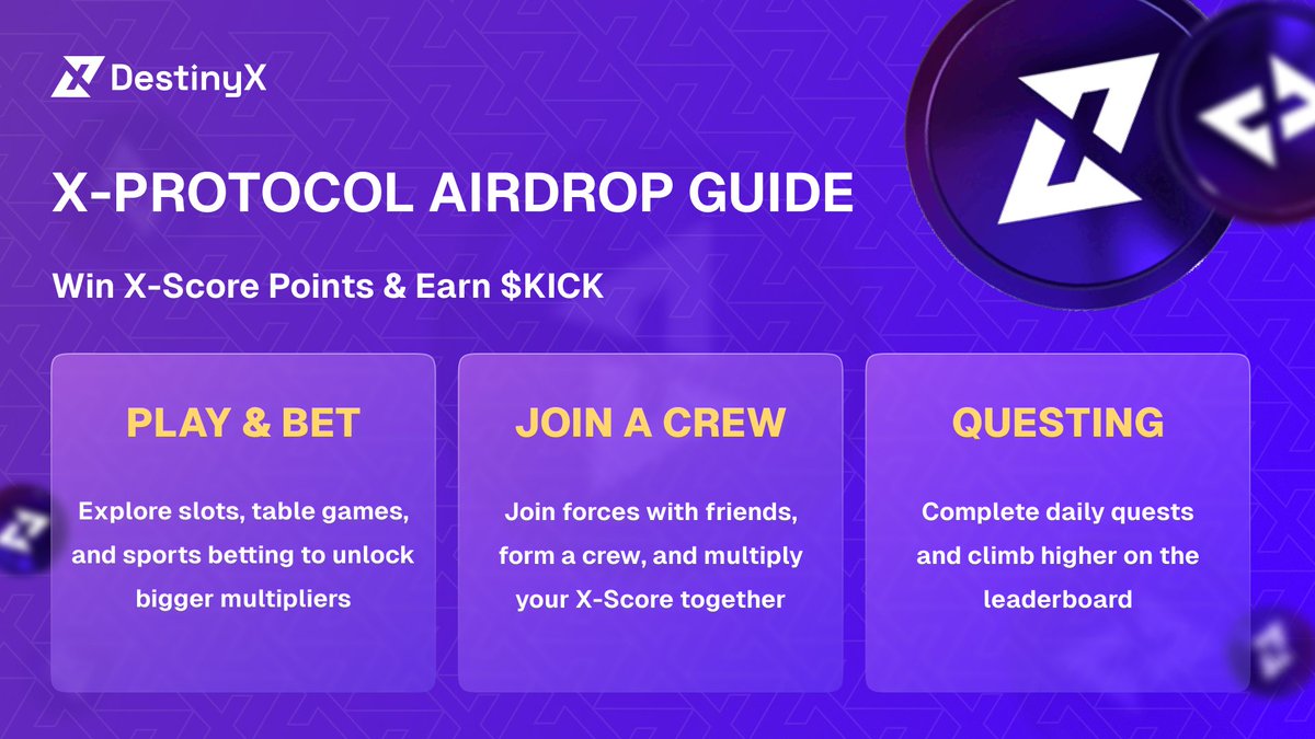 playdestinyx's tweet photo. GM 🌞

Did you know you can play on DestinyX to farm X-score and earn token airdrops? 🚀

Comment " $KICK to the moon ", like RT &amp; tag 3 friends for a chance to win $50 credit on DestinyX (5 winners, $10 each)! 🎉

👉 https://t.co/lSB41L4ix8 https://t.co/jOT47aryRM