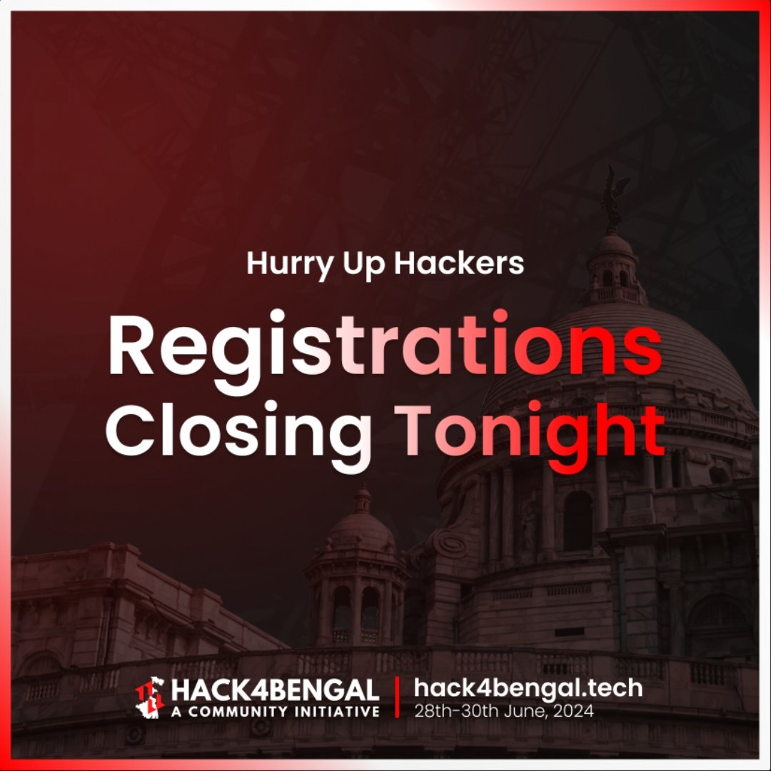 🚨 Registration Closes Tonight! 🚨

Registration for Eastern India's Largest Hackathon closes at 11:59:59 PM IST tonight!⏰

This is your last shot to show your skills in tech and snag incredible prizes!🏆

Ditch the wait and pull the trigger! REGISTER NOW. 

#hack4bengal #h4bs3