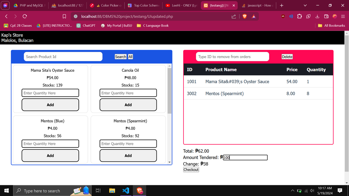 cuissont's tweet photo. 5/19/24 (1/2)

This is the webpage containing the point-of-sale function. The selection part (blue) reflects the inventory from the MySQL database I made 2 days ago. Clicking "Add" will put that product on the right table (pink) for checkout. https://t.co/9v6pIGyTTm