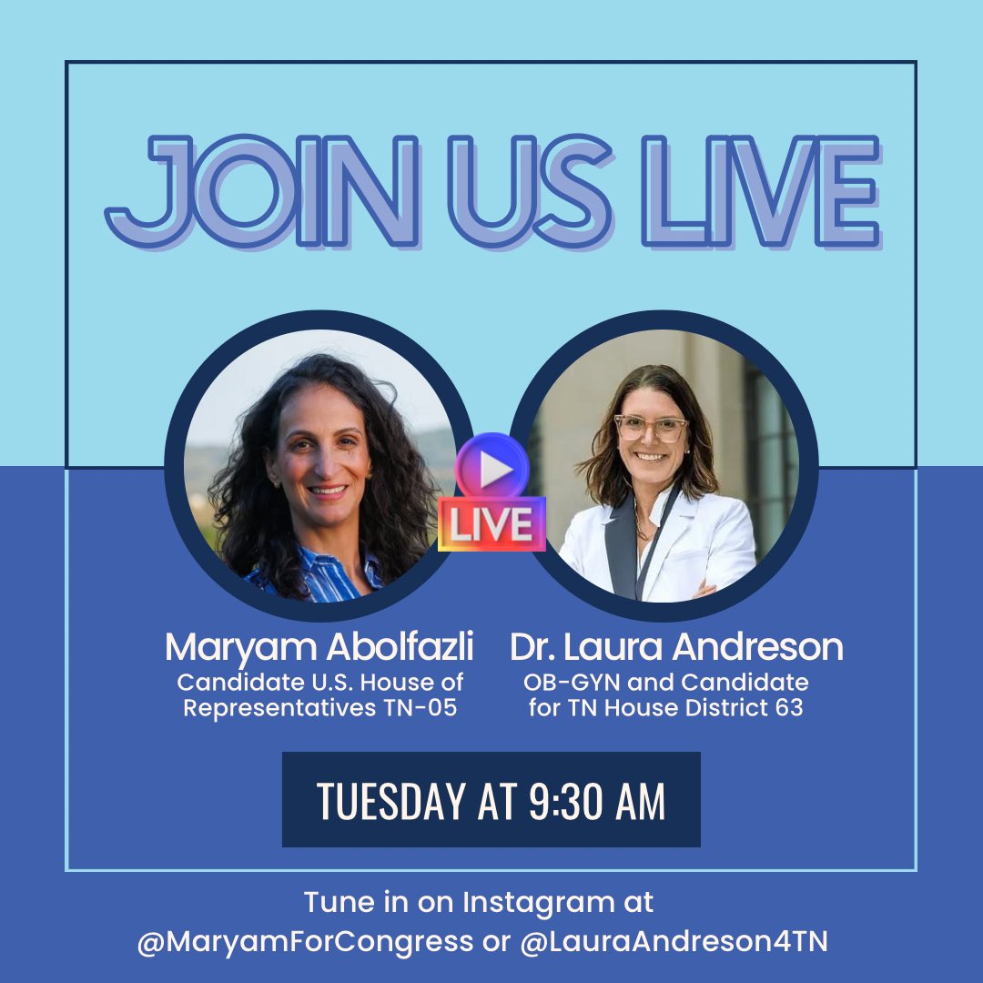 MaryamForTN's tweet image. Join us Tuesday morning with @Andreson4TN to discuss on InstagramLive for a conversation on the troubling state of reproductive healthcare in Tennessee and how we can fight for our health and autonomy. 

#reproductivefreedom #repro #reproductivehealth #tnpolitics