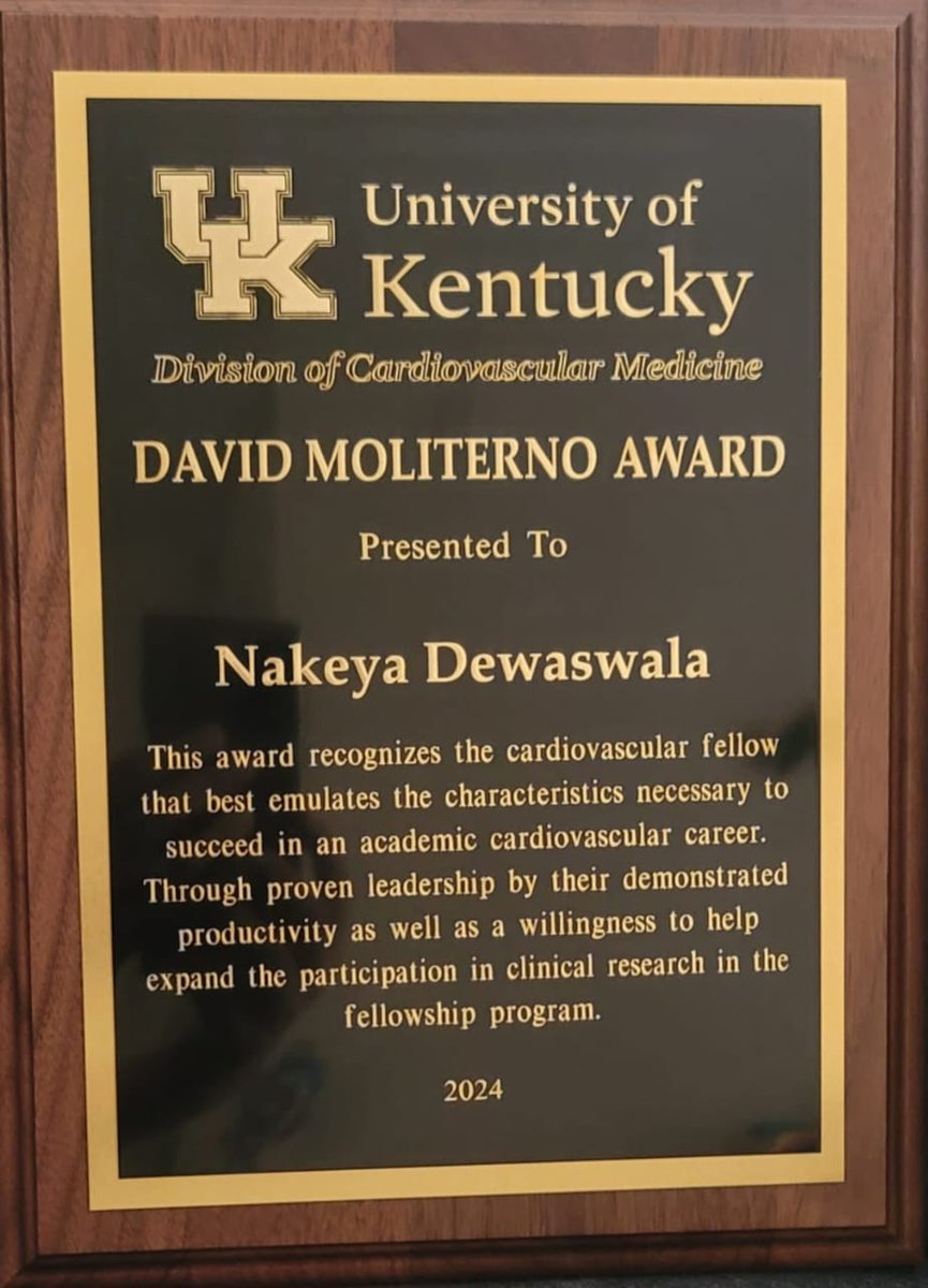 nakeya52's tweet photo. I'm humbled to have received the David Moliterno award for academic excellence, and I couldn't have done it without the support of faculty and mentors at University of Kentucky, Mayo Clinic, University of Miami JFK Medical Center and @hasbeenHuzefa! #CardioTwitter #CardioFIT https://t.co/uanB9wyMEO