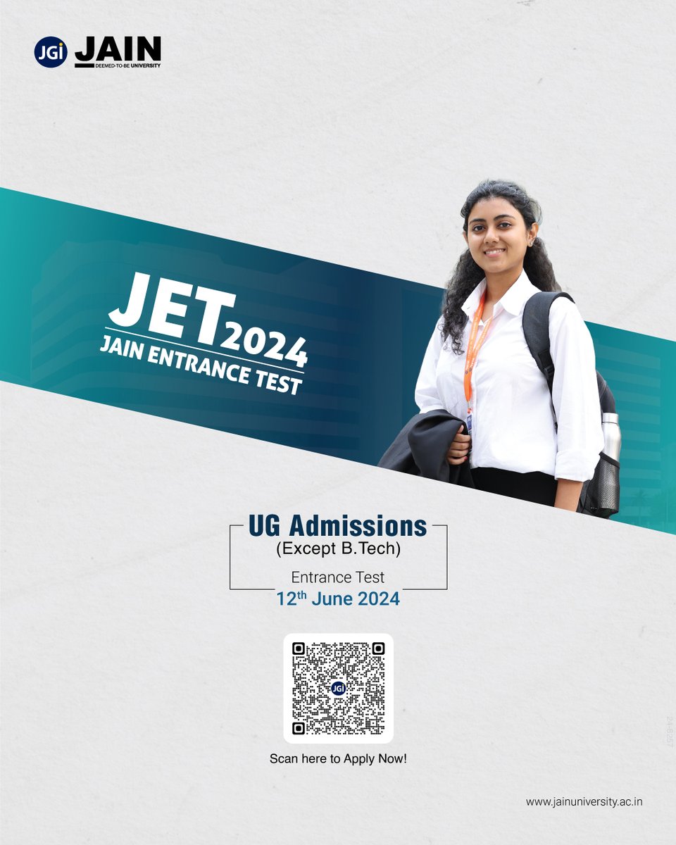 JainDeemedtbUnv's tweet image. Choose undergraduate programmes at JAIN (Deemed-to-be University) to shape your bright future. For UG Admissions (except B.Tech) JET 2024, scan the QR code and apply now!
#JAINUniversity #JET2024 #EntranceTest #Test #UGAdmissions #Admissions #Education #Future