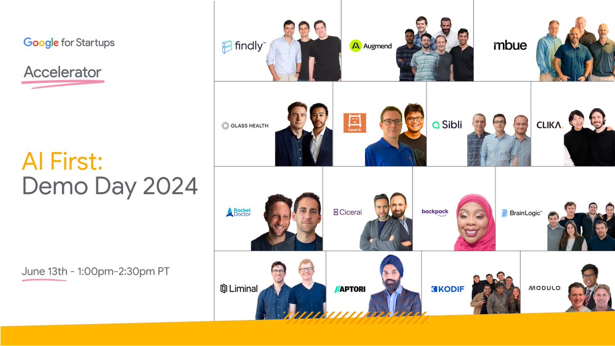 Join us on June 13 for the Google for Startups Accelerator: AI First Demo Day!

You'll hear from 15 startups leveraging AI across healthcare, cybersecurity, fintech, and more. Register to get a deeper look into these startups → goo.gle/45d7Tsc #AcceleratedWithGoogle