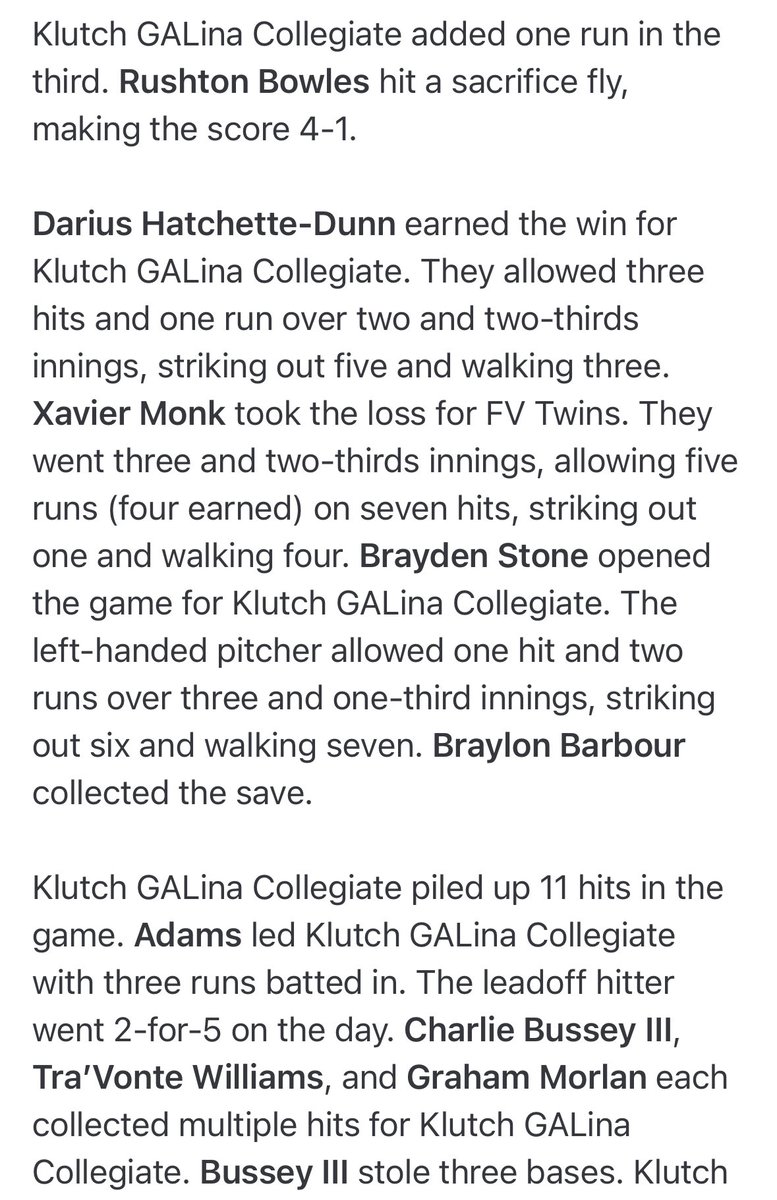ꓘlutch Collegiate Georgialina Baseball (@klutch_galina) on Twitter photo 🚨🚨🚨 Final from Chamber Field in Lillington, NC - Game 2 of #carolinacollegiateleague action….
<a href="/Klutch_GALina/">ꓘlutch Collegiate Georgialina Baseball</a> 9️⃣
<a href="/GoFVTwins/">Fuquay-Varina Twins</a> 7️⃣
W - <a href="/dunndarius00/">Darius Hatchette-Dunn</a> (1-0)
L - Monk (0-1)
SV - <a href="/BarbourBraylon/">braylon barbour</a> (2) 🚨🚨🚨 Final from Chamber Field in Lillington, NC - Game 2 of #carolinacollegiateleague action….
<a href="/Klutch_GALina/">ꓘlutch Collegiate Georgialina Baseball</a> 9️⃣
<a href="/GoFVTwins/">Fuquay-Varina Twins</a> 7️⃣
W - <a href="/dunndarius00/">Darius Hatchette-Dunn</a> (1-0)
L - Monk (0-1)
SV - <a href="/BarbourBraylon/">braylon barbour</a> (2)