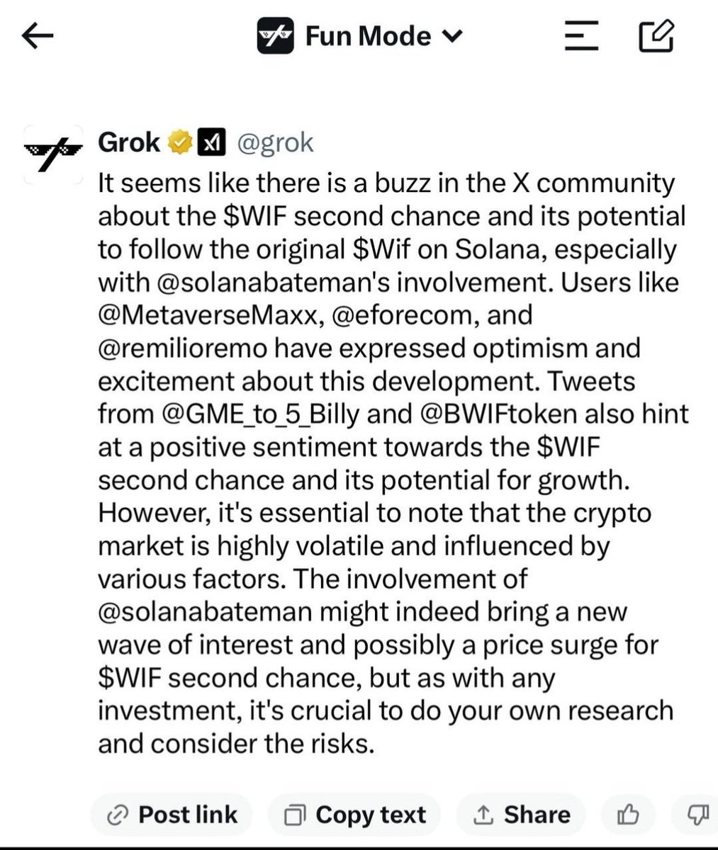 <a href="/elonmusk/">Elon Musk</a> Wow dude. You are a Chad and a half. We trying to reach the moon with <a href="/solanabateman/">Bateman</a>

Great Men think alike. 

Who needs a second chance? 

Let's get it here:

 t.me/wifSecondchanc…

#Grok verified moon shot potential  at 1 M