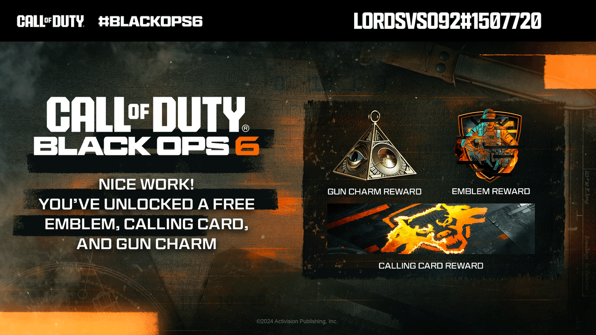 CallofDuty's tweet photo. @lordsvso @lordsvso LOCKED IN 

Your #BlackOps6 Calling Card, Gun Charm and Emblem will be waiting for you at launch! https://t.co/9BTrKXZsw7