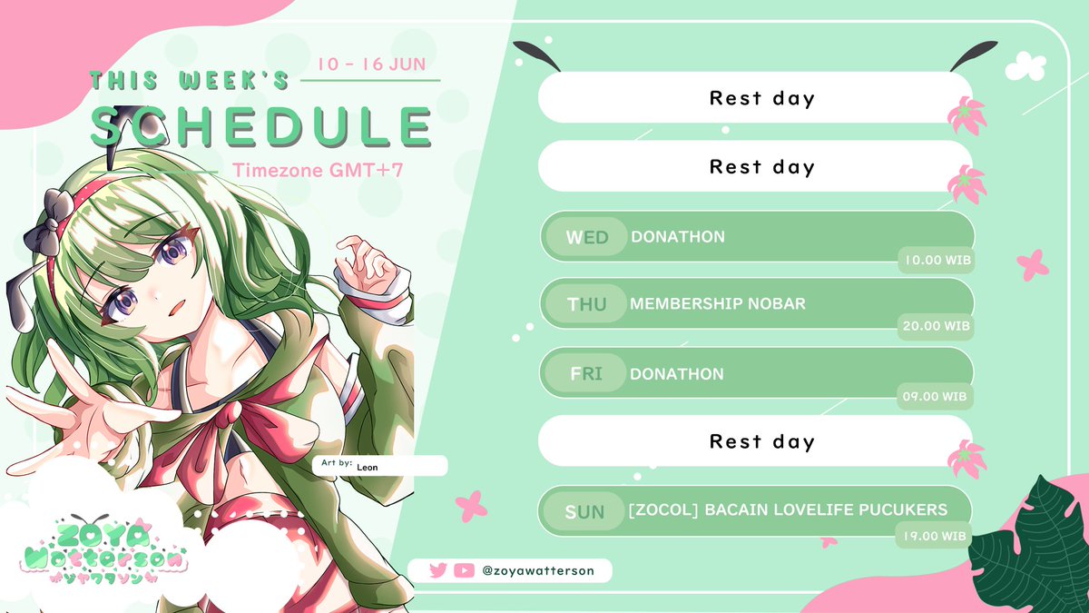 Zoyawatterson's tweet photo. 🐛 Schedule🐛
Jadwal minggu ini yaw ges >< Yang mau berbagi kehidupan percintaannya bisa join ZOCOL. Mau yang sedih/senang/keduanya bebassss
link : https://t.co/0MtgDCr8ge
General : #Zoyawatterson
Announcement : #Pucukinpo
Live : #HamaLive
Clip : #ClipCUK
Art : #Zoyart https://t.co/xzSZfPaIOS