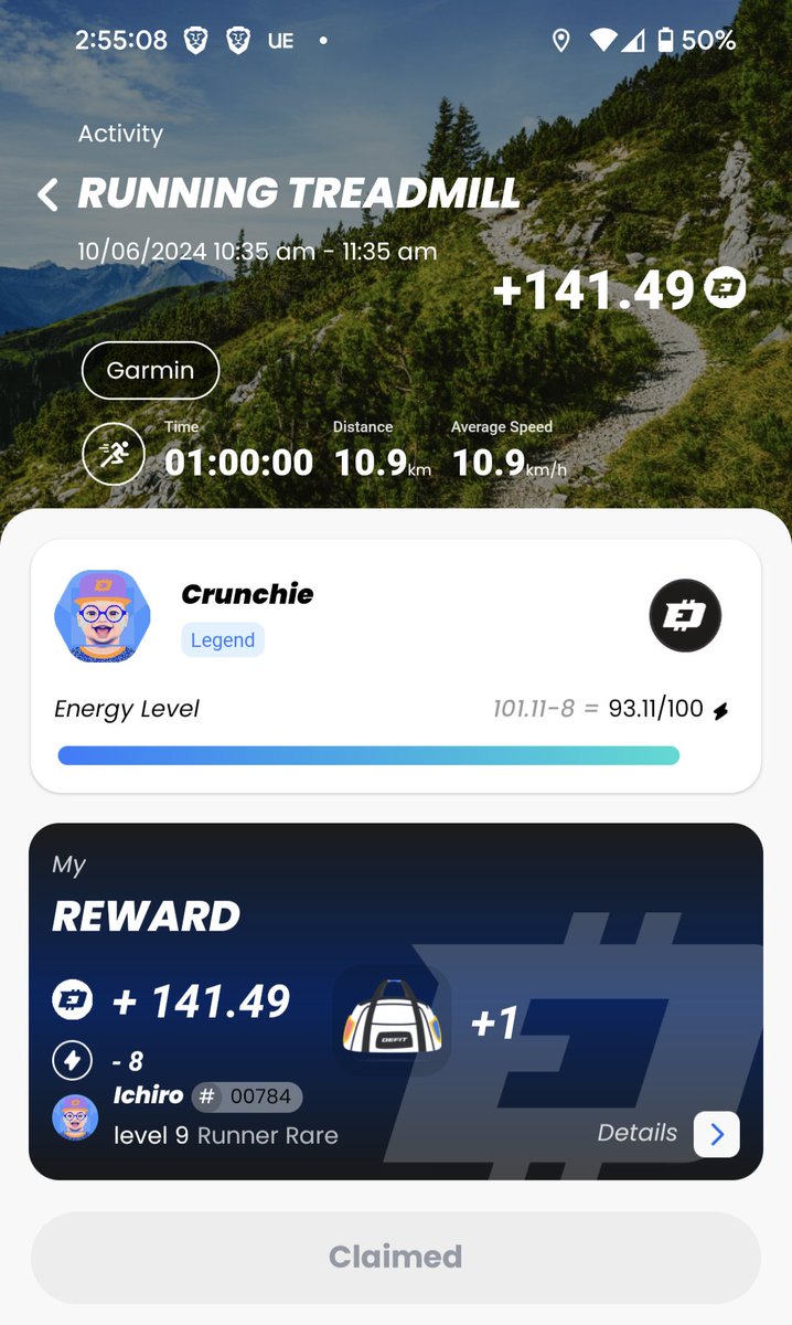 0xCrunchie's tweet photo. The aura streak ended today but I got myself another #fitbag to add to my collection with @DEFITofficial #move2earn #play2earn #HealthIsWealth https://t.co/GsxgyFTwHP