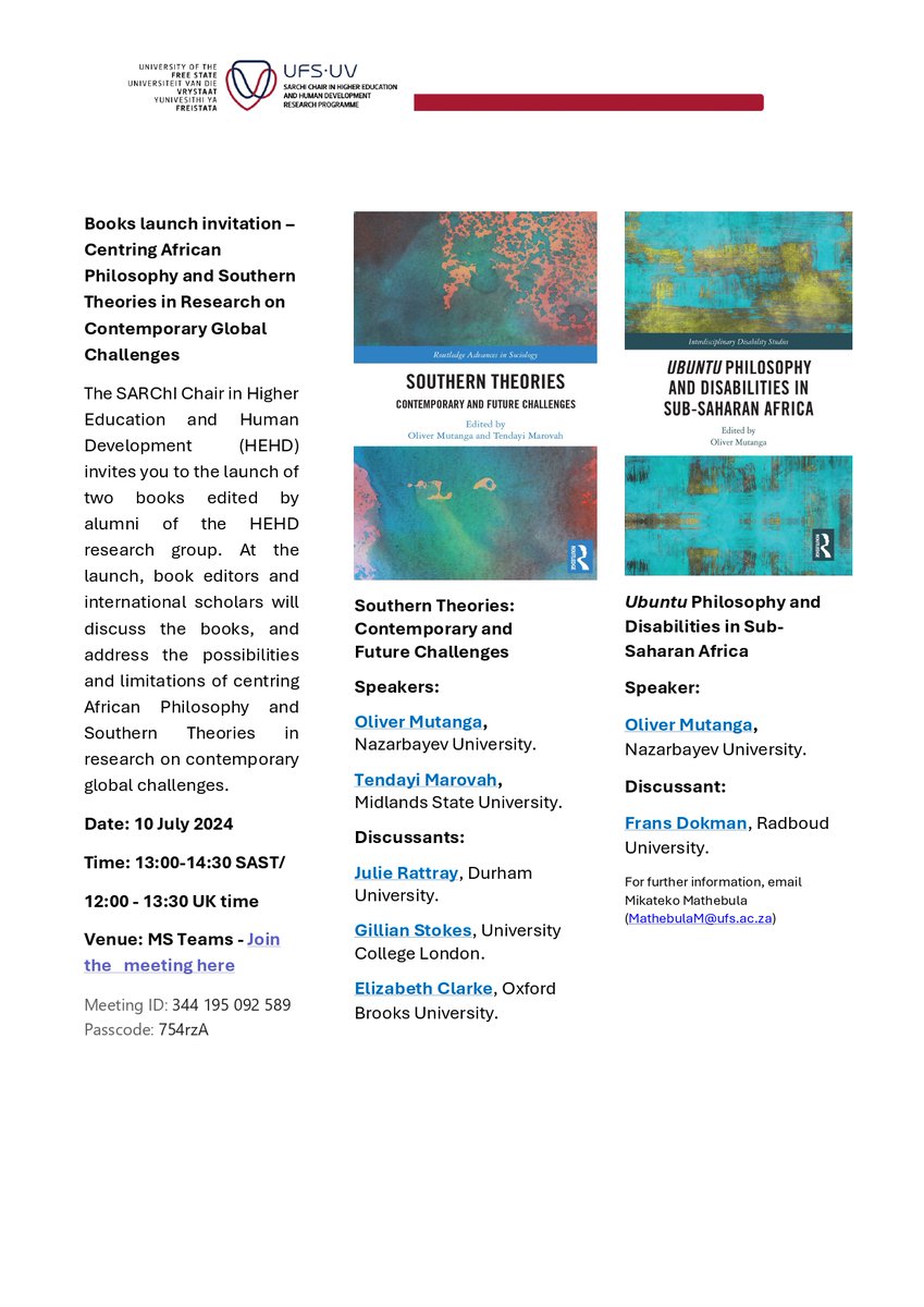 Higher Education & Human Development Research_ SA (@hehd_sa) on Twitter photo You are invited to the online launch of two edited books on Centring African philosophy and Southern theories in research and contemporary global challenges edited by alumni of <a href="/HEHD_SA/">Higher Education & Human Development Research_ SA</a> Prof Oliver Mutanga and Dr Tendayi Marovah Date: 10 July 2024 Time: 13:00-14:30 You are invited to the online launch of two edited books on Centring African philosophy and Southern theories in research and contemporary global challenges edited by alumni of <a href="/HEHD_SA/">Higher Education & Human Development Research_ SA</a> Prof Oliver Mutanga and Dr Tendayi Marovah Date: 10 July 2024 Time: 13:00-14:30