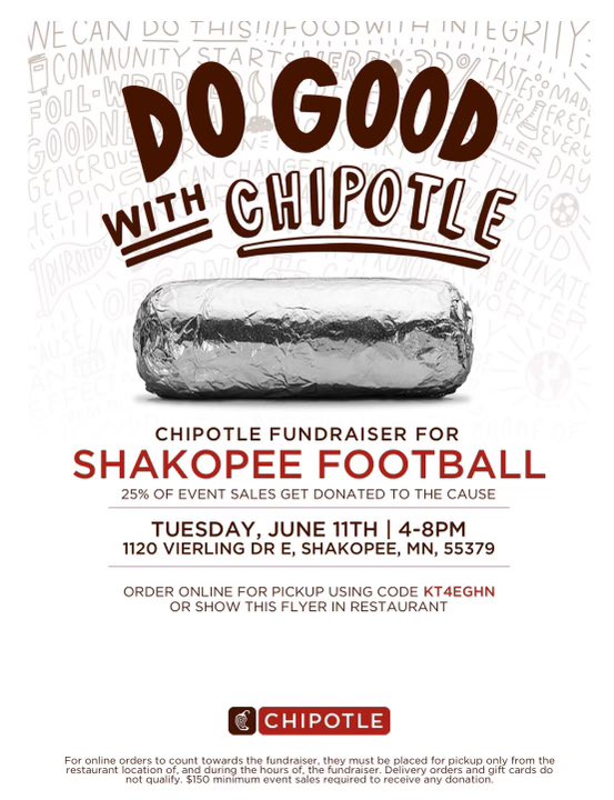 SaberFootball16's tweet photo. Come support Shako Football!! June 11th!  Shako Chipotle on Vierling - 
4-8pm Chipotle Mexican Grill is 🔥 #whateverittakes @ChipotleTweets https://t.co/dLsLdnBtvZ