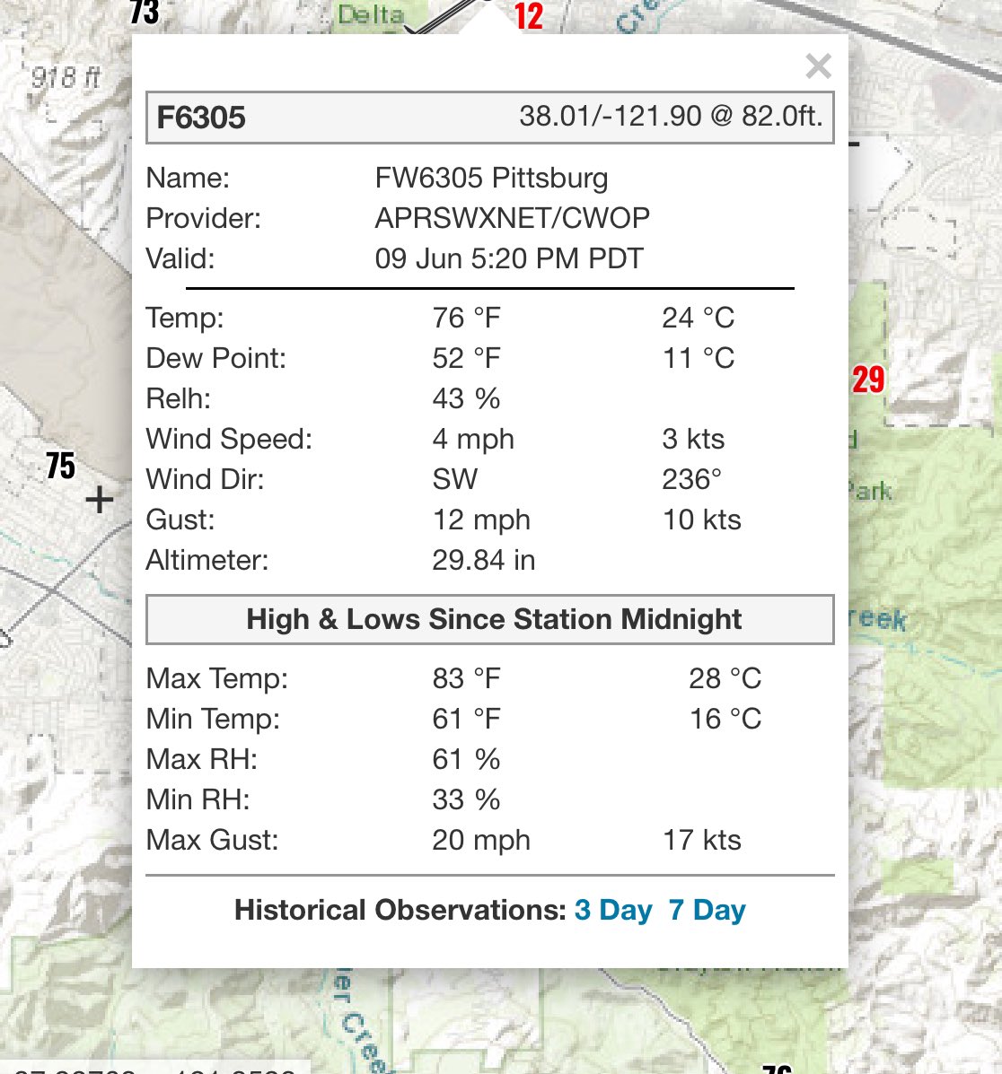 RobMayeda's tweet photo. View of weather stations in the area β¦ RH% not that low due to onshore wind, but grasses are pretty bone dry and wind is a challenge 6/9/2024 https://t.co/uQpIsoUjzj