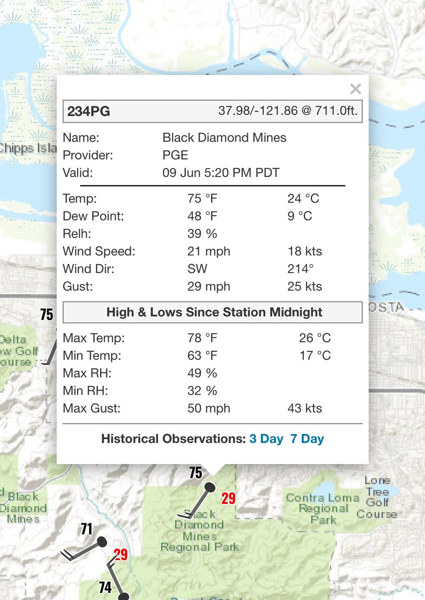 RobMayeda's tweet photo. View of weather stations in the area β¦ RH% not that low due to onshore wind, but grasses are pretty bone dry and wind is a challenge 6/9/2024 https://t.co/uQpIsoUjzj