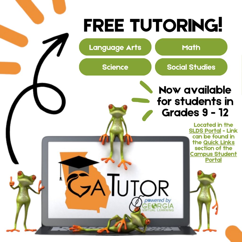 <a href="/georgiadeptofed/">Georgia Department of Education</a> GATutor offers FREE online tutoring sessions via Zoom for students in Grades 9 - 12! gavirtuallearning.org/gatutor